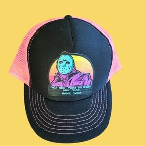 Jason Voorhees Game "YOU & YOUR FRIENDS ARE DEAD" Neon Pink/Black Trucker Hat